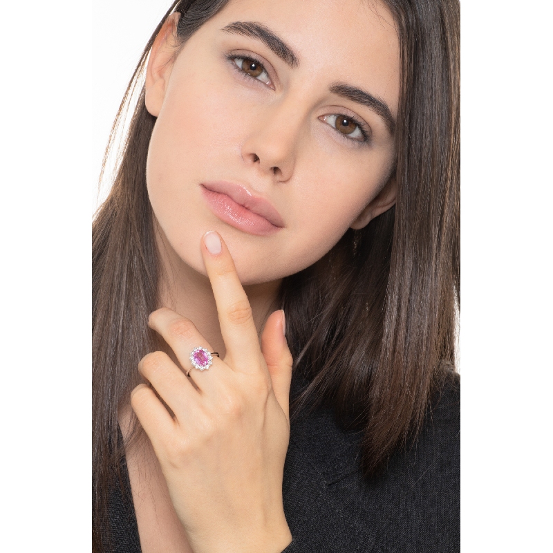 Halo Ring Weißgold mit Diamanten und rosa Saphir Halo Ring Weißgold mit Diamanten und rosa Saphir