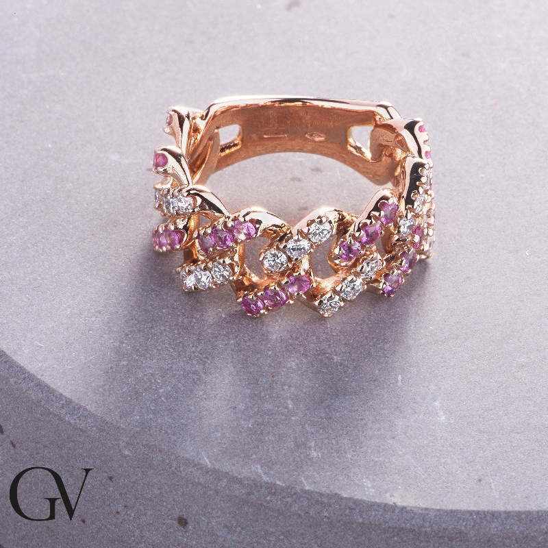 Roségold 18K Cuban Link Iced Out Ring rosa Saphiren Diamanten