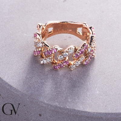 Roségold 18K Cuban Link Iced Out Ring rosa Saphiren Diamanten