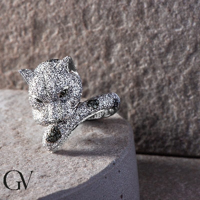 Panther Ring Weißgold mit schwarzen weißen Diamanten