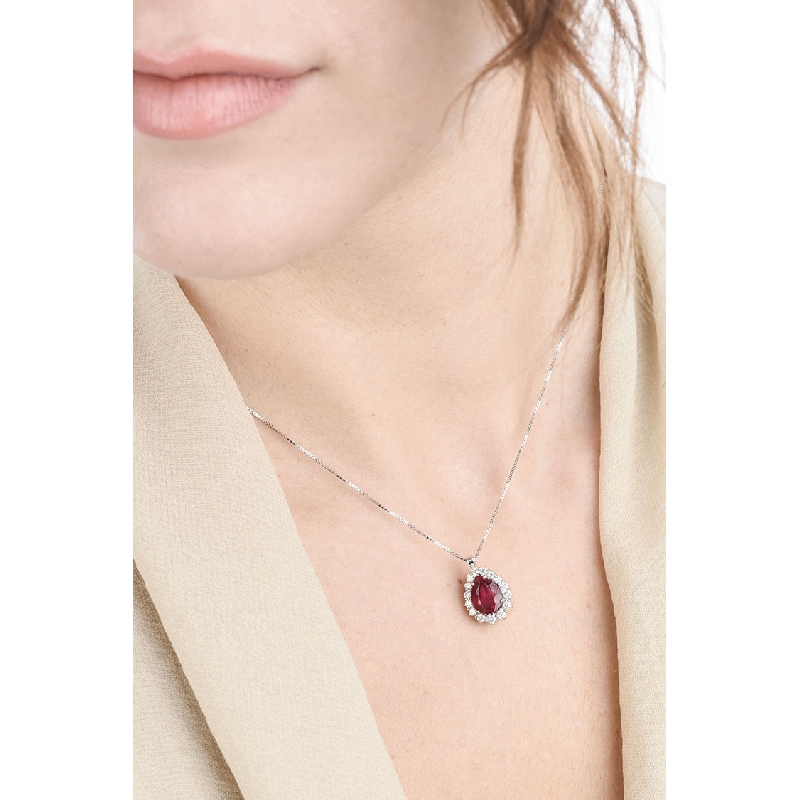 Rubin Tropfen Kette Weißgold mit Diamanten