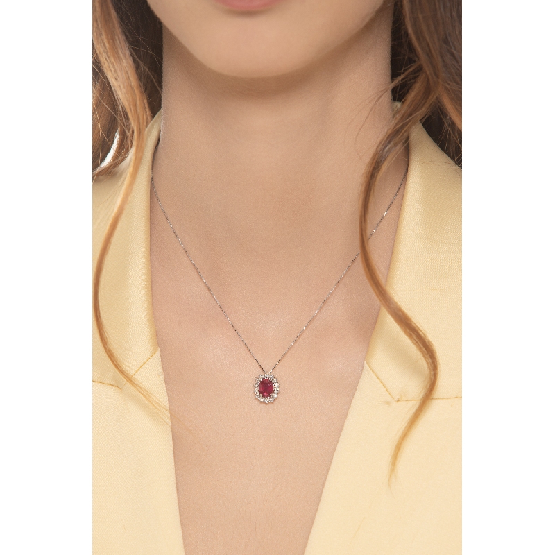 Halo Kette aus Weißgold 18K mit Rubin und Diamanten Halo Kette aus Weißgold 18K mit Rubin und Diamanten