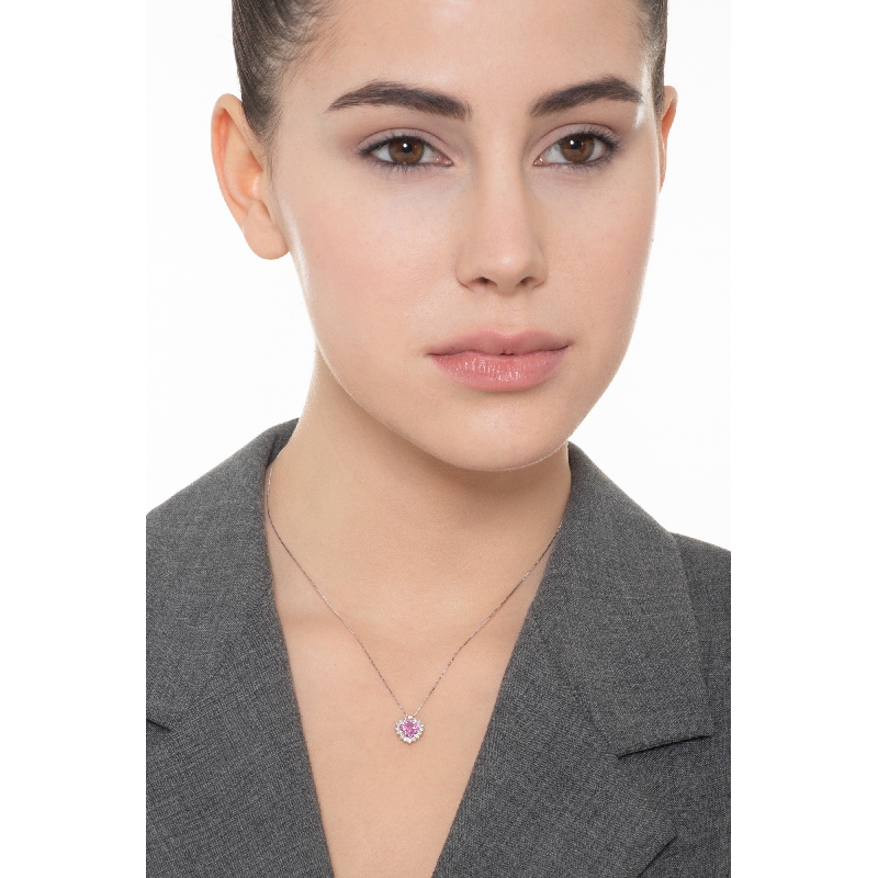 Weißgold Kette mit Herzanhänger aus Saphir rosa und Diamanten