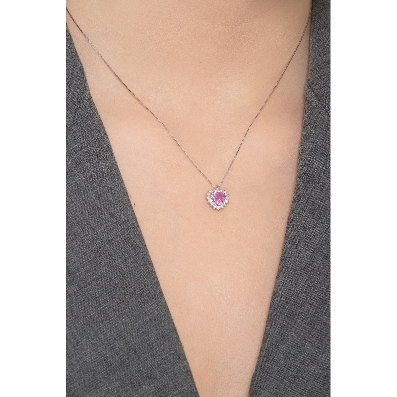 Weißgold Kette mit Herzanhänger aus Saphir rosa und Diamanten