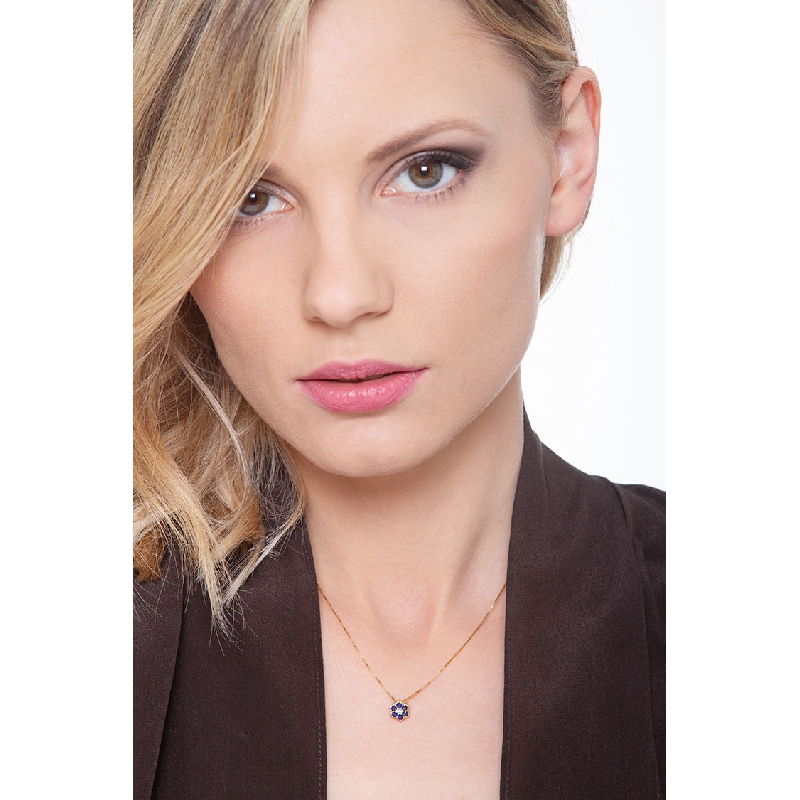 Blumenkette aus 18K Gelbgold mit blauen Saphiren und Diamanten 