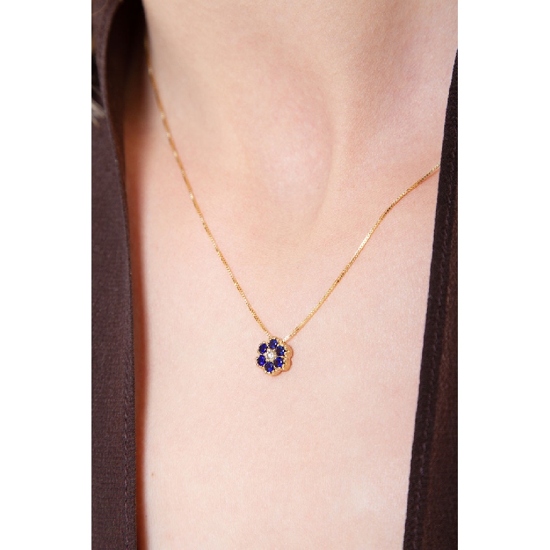 Blumenkette aus 18K Gelbgold mit blauen Saphiren und Diamanten 