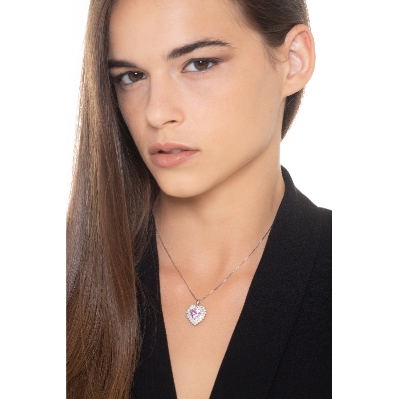 Herzkette Halo aus 18K Weißgold mit Diamanten und rosa Saphir Herzkette Halo aus 18K Weißgold mit Diamanten und rosa Saphir
