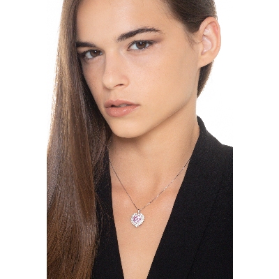 Herzkette Halo aus 18K Weißgold mit Diamanten und rosa Saphir