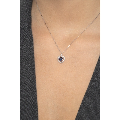 Saphir blau Herzkette mit Diamanten Weissgold