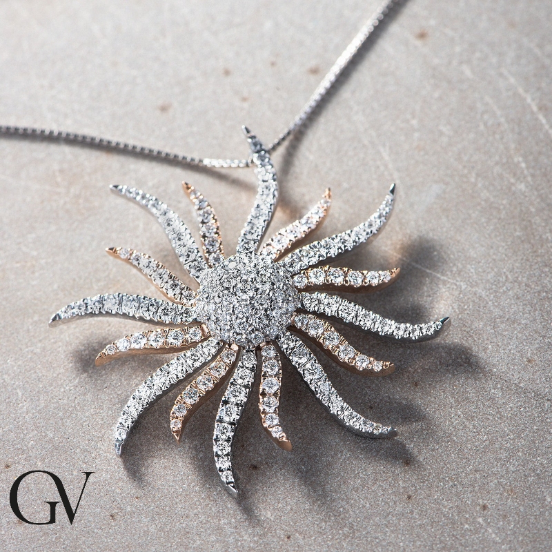 Halskette Weißgold Roségold 750 mit Sonne aus Diamanten