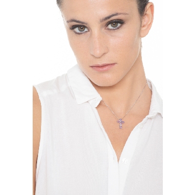 Weißgold 18K Kreuzkette mit Amethysten und Diamanten