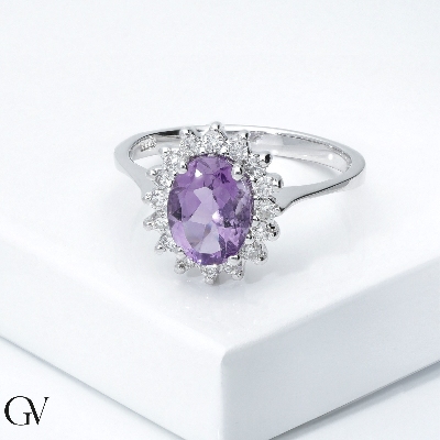 Amethyst Damenring 18K Weißgold mit Diamanten