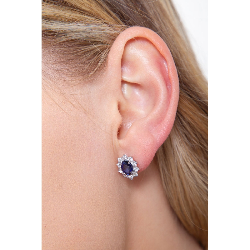 Weißgold Saphir blau Halo Ohrstecker mit Diamanten 