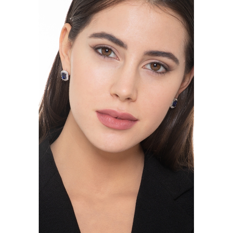 Halo Ohrstecker Saphir blau und Diamanten