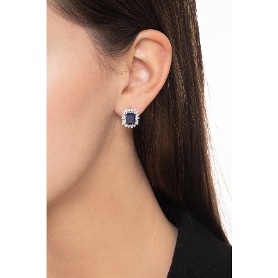 Halo Ohrstecker Saphir blau und Diamanten