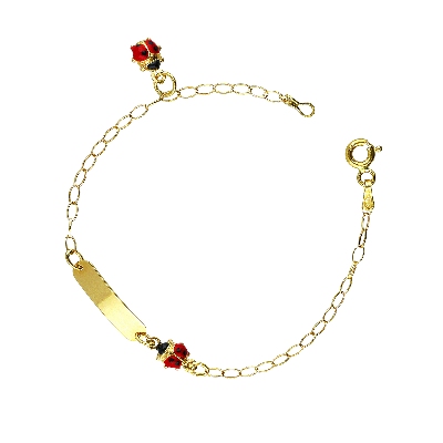 Armband aus 18 Karat Gelbgold mit Marienkäfern und Gravurplatte