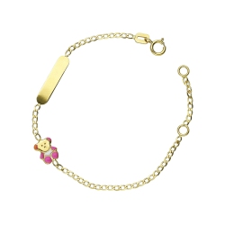 Kinderarmband Mädchen mit Gravurplatte und kleinem Bären aus 750er Gelbgold