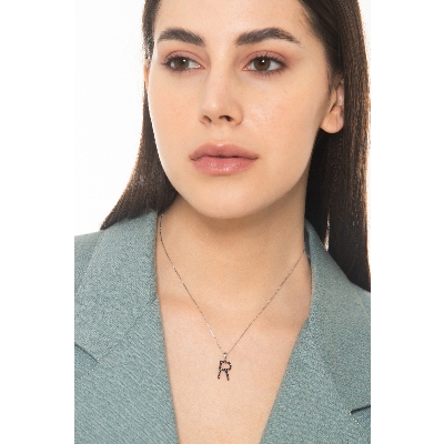 Weißgoldkette Buchstabe R aus schwarzen Diamanten