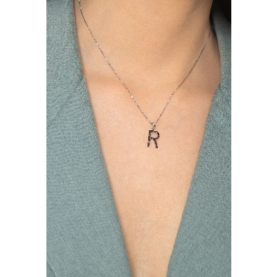 Weißgoldkette Buchstabe R aus schwarzen Diamanten