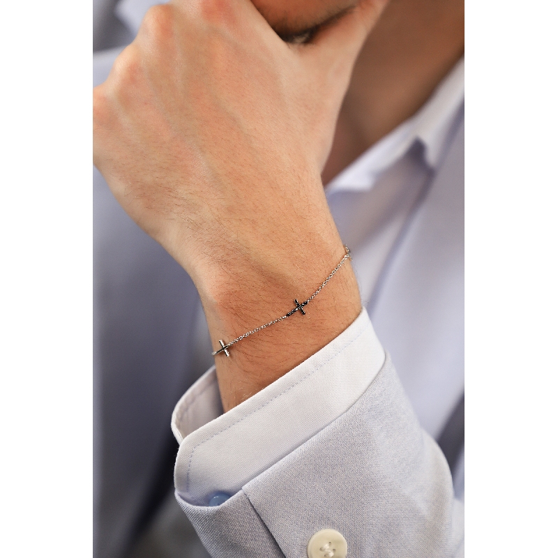 Weißgold 18k Herrenarmband mit Kreuzen aus schwarzen Diamanten, 20 cm