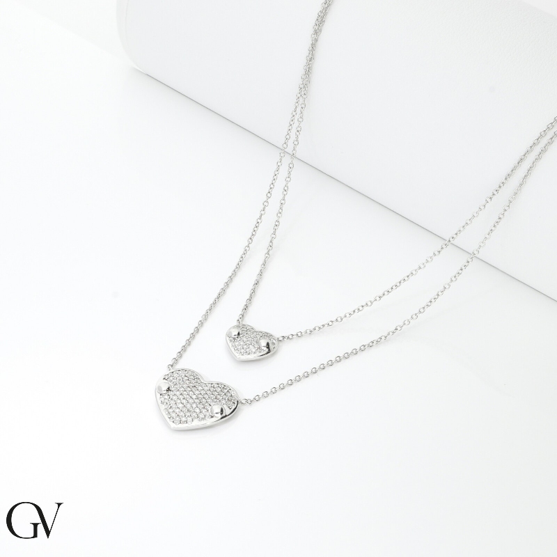 Halskette Doppelkette Weißgold mit Herzen aus Brillanten  Halskette Doppelkette Weißgold mit Herzen aus Brillanten