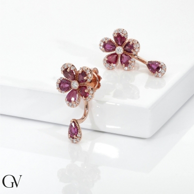 Blumen Ohrringe aus Roségold 18K mit Rubinen und Brillanten