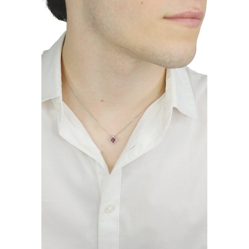 750er Weißgold mit Kreuz-Anhänger aus Rubinen und Brillanten