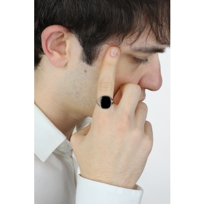 Weißgold 18k Herrenring Siegelring mit schwarzem Quadrat