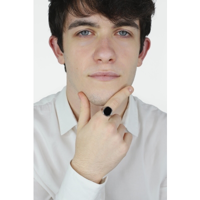 Weißgold 18k Herrenring Siegelring mit schwarzem Quadrat