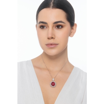 Weißgold 18K Halo Kette mit Rubin und Diamanten 