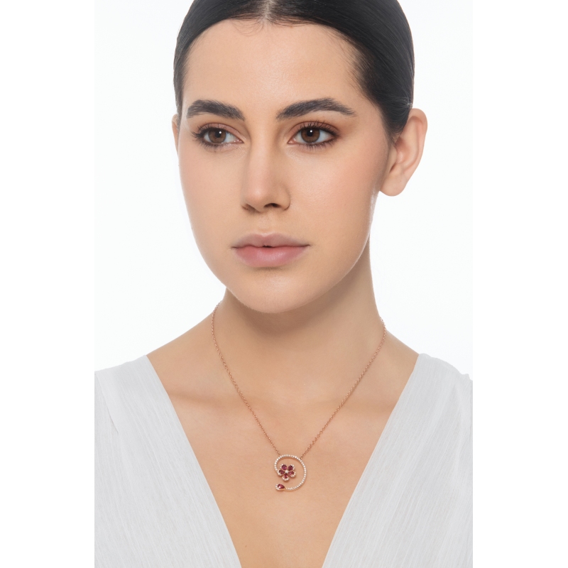 Kette aus Roségold 18K mit Blume aus Rubinen und Diamanten 