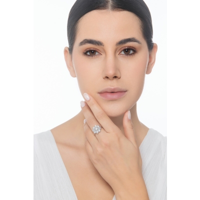 Blumenring Damen Halo Ring aus Weißgold 750 mit Diamanten