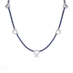 Tennis Halskette 18K Weißgold mit blauen Saphiren und Herzen aus Diamanten
