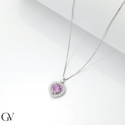 Weißgold Halskette mit rosa Saphir und Diamanten
