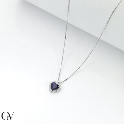 Halo Herzkette mit blauem Saphir und Diamanten Weißgold