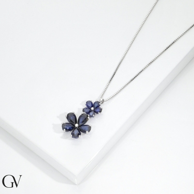Damenkette Weißgold 18K mit zwei Blumen aus blauen Saphiren
