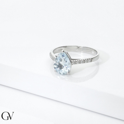 Tropfen Ring Weißgold 18K mit Aquamarin und Diamanten