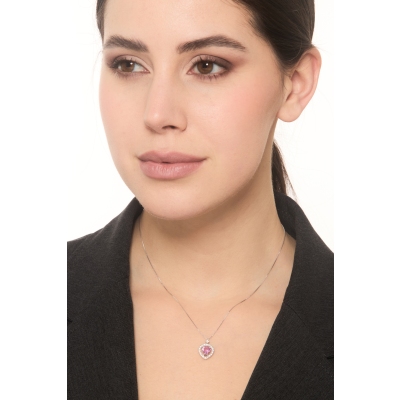 Weißgold Halskette mit rosa Saphir und Diamanten
