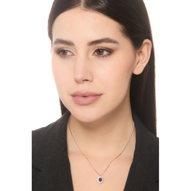 Weißgold 18K Halskette Halo Damen mit blauem Saphir und Diamanten Weißgold 18K Halskette Halo Damen mit blauem Saphir und Diamanten