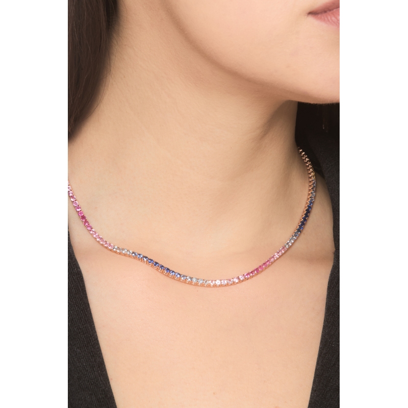 Tennis Kette 18 K Roségold mit Saphiren Rainbow 