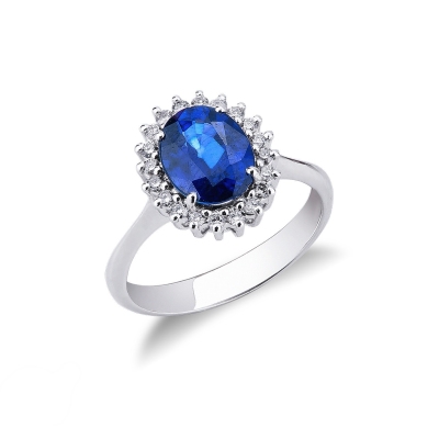 Weißgold Halo Ring mit Saphir und Diamanten