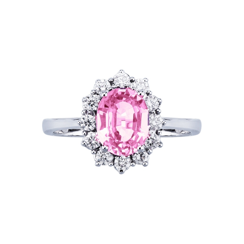 Halo Ring Weißgold mit Diamanten und rosa Saphir Halo Ring Weißgold mit Diamanten und rosa Saphir