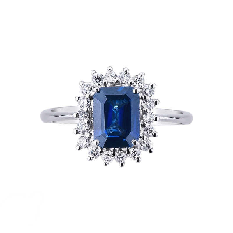 Halo Ring mit blauem Saphir und Diamanten Weißgold 18K Halo Ring mit blauem Saphir und Diamanten Weißgold 18K
