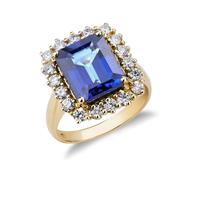 Gelbgold 750 Ring mit Saphir blau und Diamanten