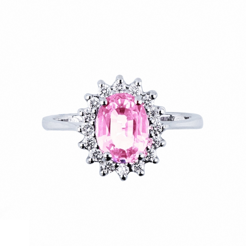 Halo Ring mit rosa Saphir und Diamanten aus Weißgold 18k  Halo Ring mit rosa Saphir und Diamanten aus Weißgold 18k