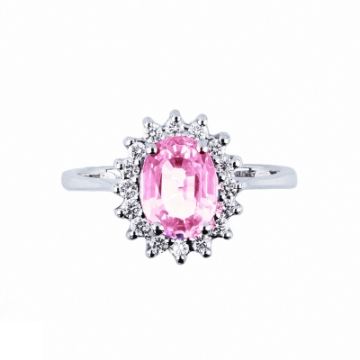 Halo Ring mit rosa Saphir und Diamanten aus Weißgold 18k 