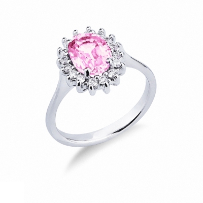 Halo Ring mit rosa Saphir und Diamanten aus Weißgold 18k 