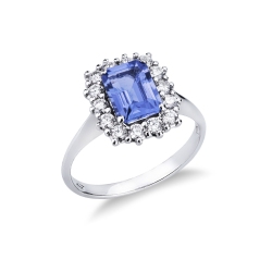Tansanit Ring mit 14 Diamanten 18k Weißgold 750