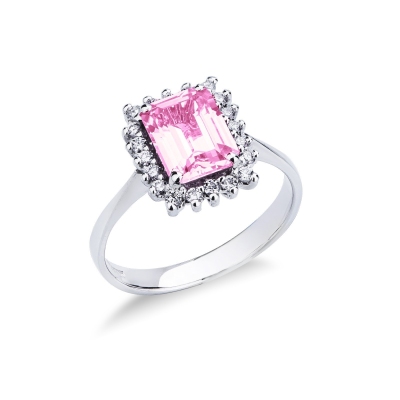 Halo Ring mit rosa Saphir und Diamanten Weißgold