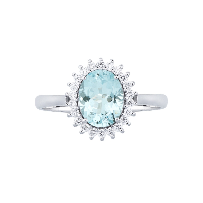 Halo Ring mit Aquamarin und Diamanten 18K Weißgold Halo Ring mit Aquamarin und Diamanten 18K Weißgold